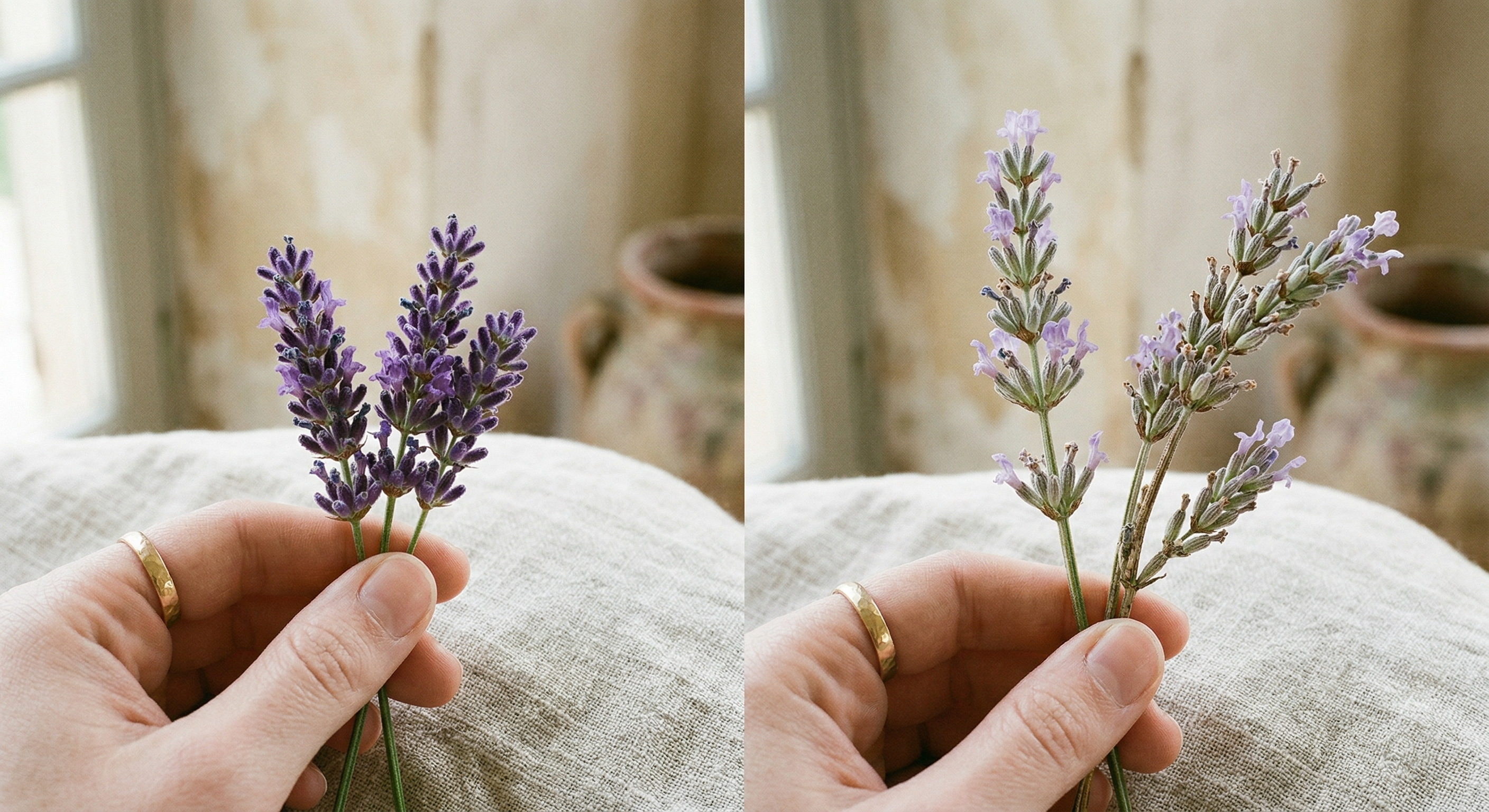 Botanical comparison showing the dense spikes of true Lavender versus the branched stems of Lavandin