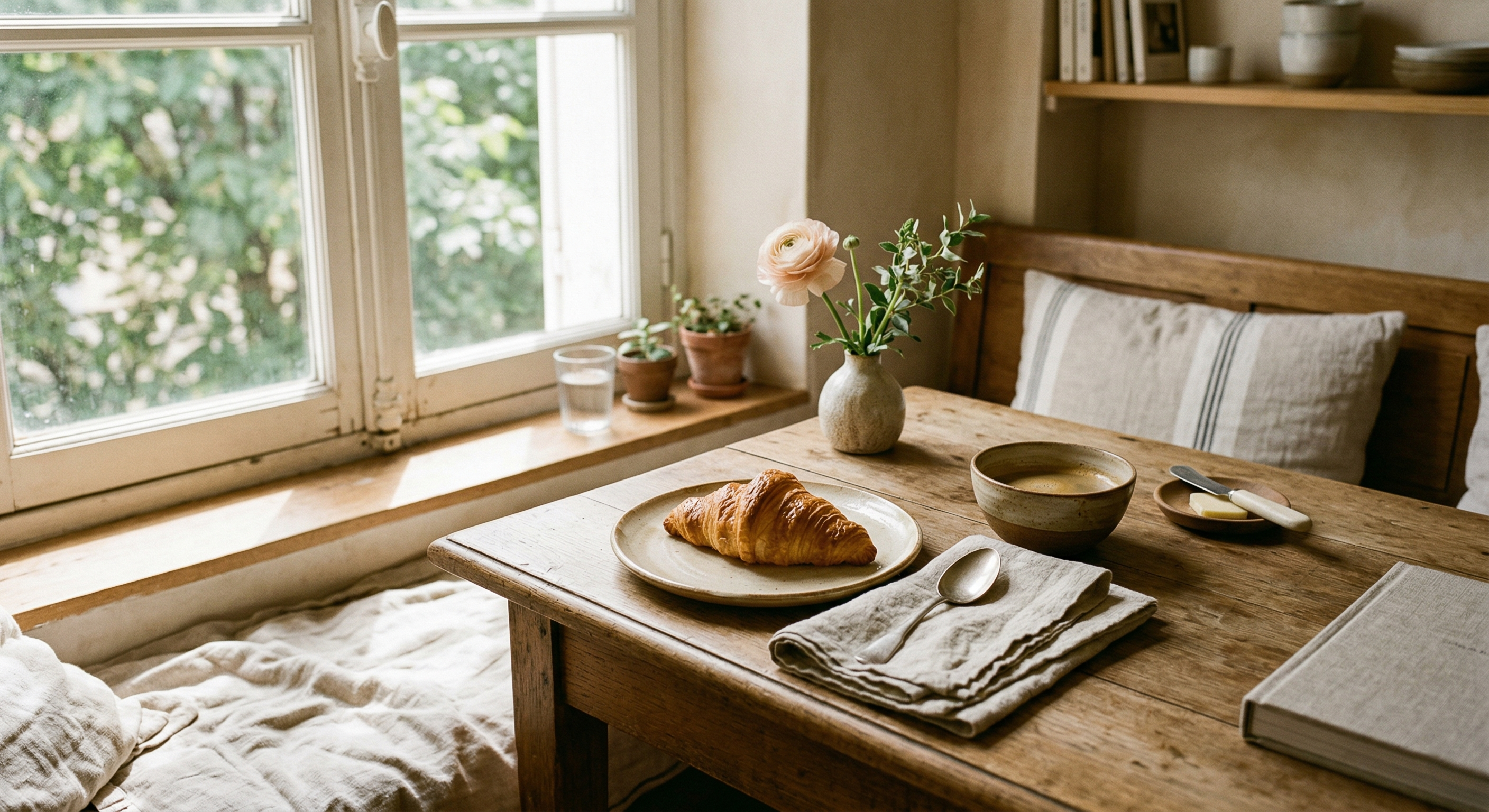 Minimalist breakfast ritual by a window with a croissant, coffee, and a single flower on a rustic wooden table