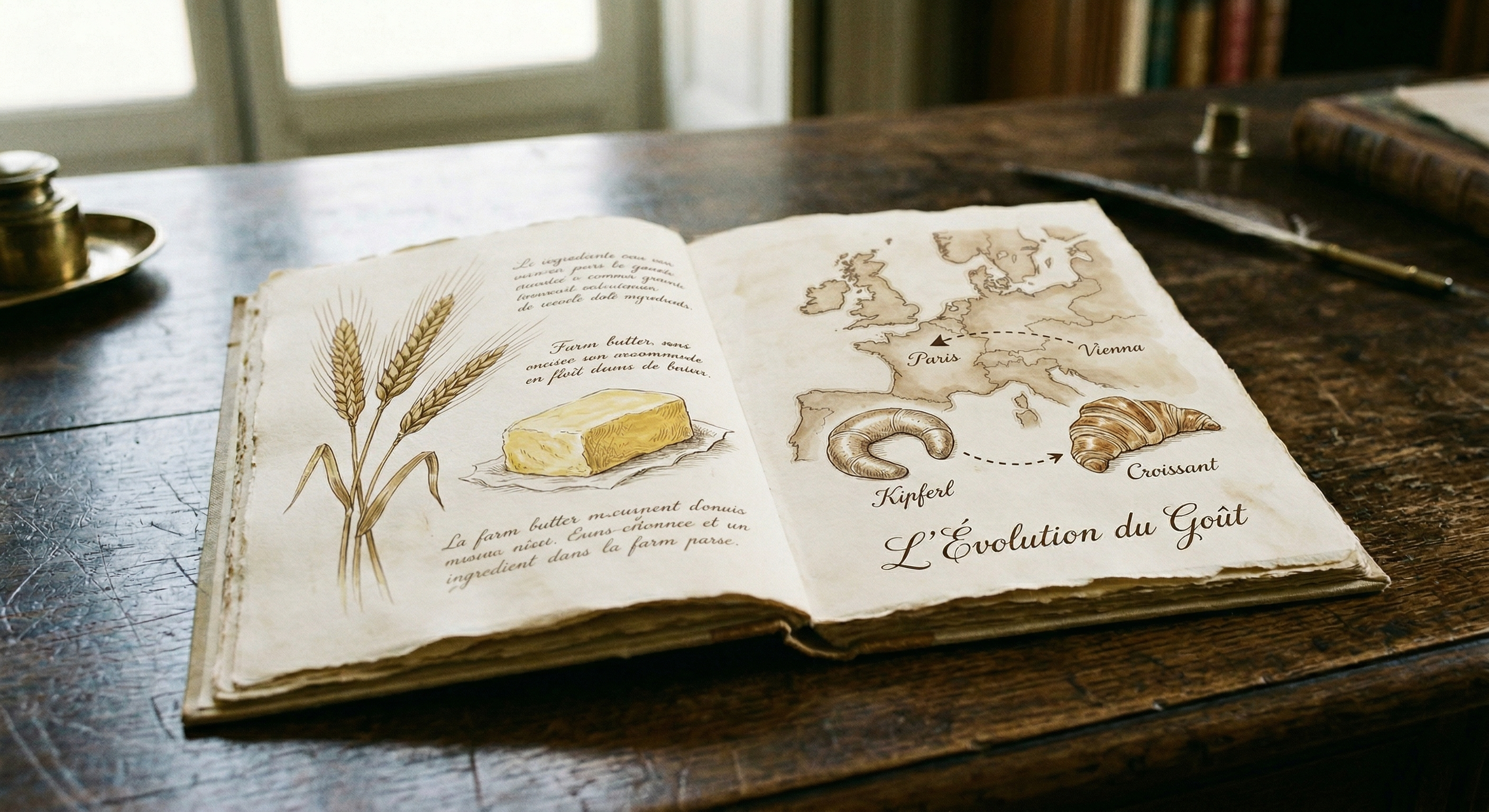 Open vintage book titled L'Évolution du Goût illustrating the history of the croissant from the Viennese Kipferl to Paris
