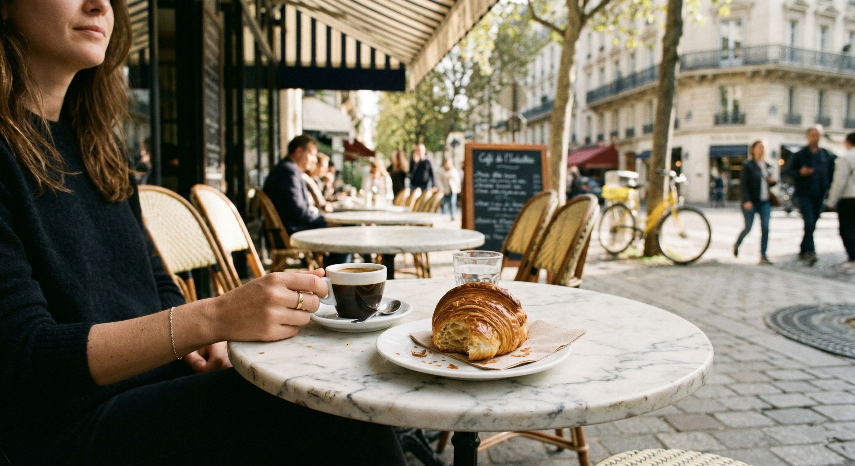 A woman enjoying a fresh croissant and espresso at a traditional Parisian café terrace during a slow morning