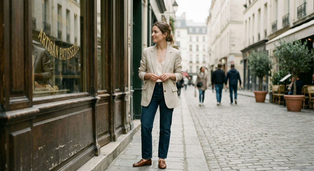 A chic French woman in a beige blazer looking at an artisan patisserie window on a cobblestone street.
