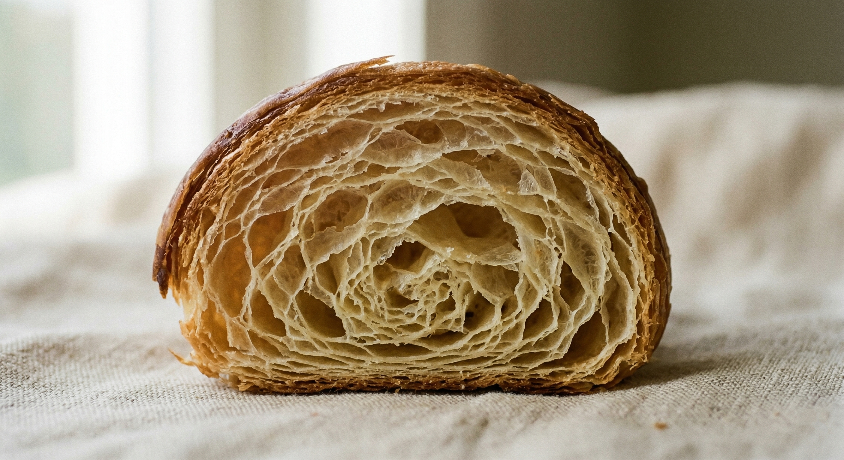 Macro cross-section of a croissant showing the perfect buttery honeycomb structure and flaky pastry layers