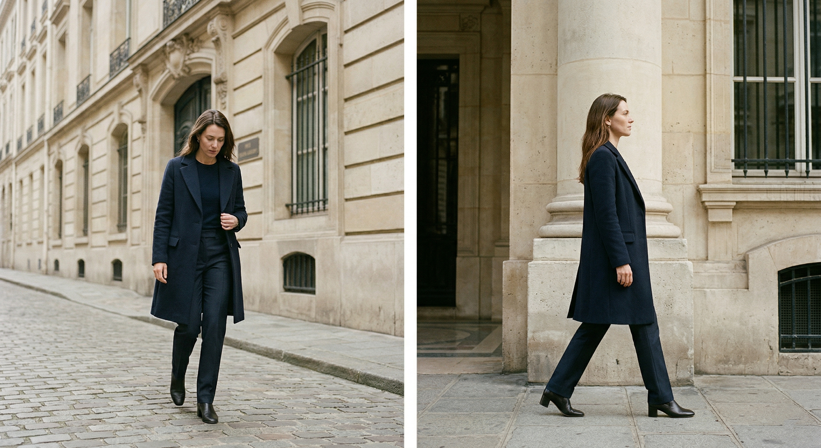 A French woman demonstrating elegant posture while walking past stone architecture in a tailored navy blue coat.