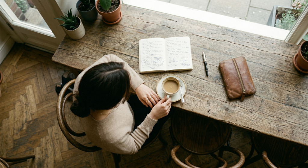 A French woman taking a contemplative pause at a rustic wooden table with a notebook and coffee.