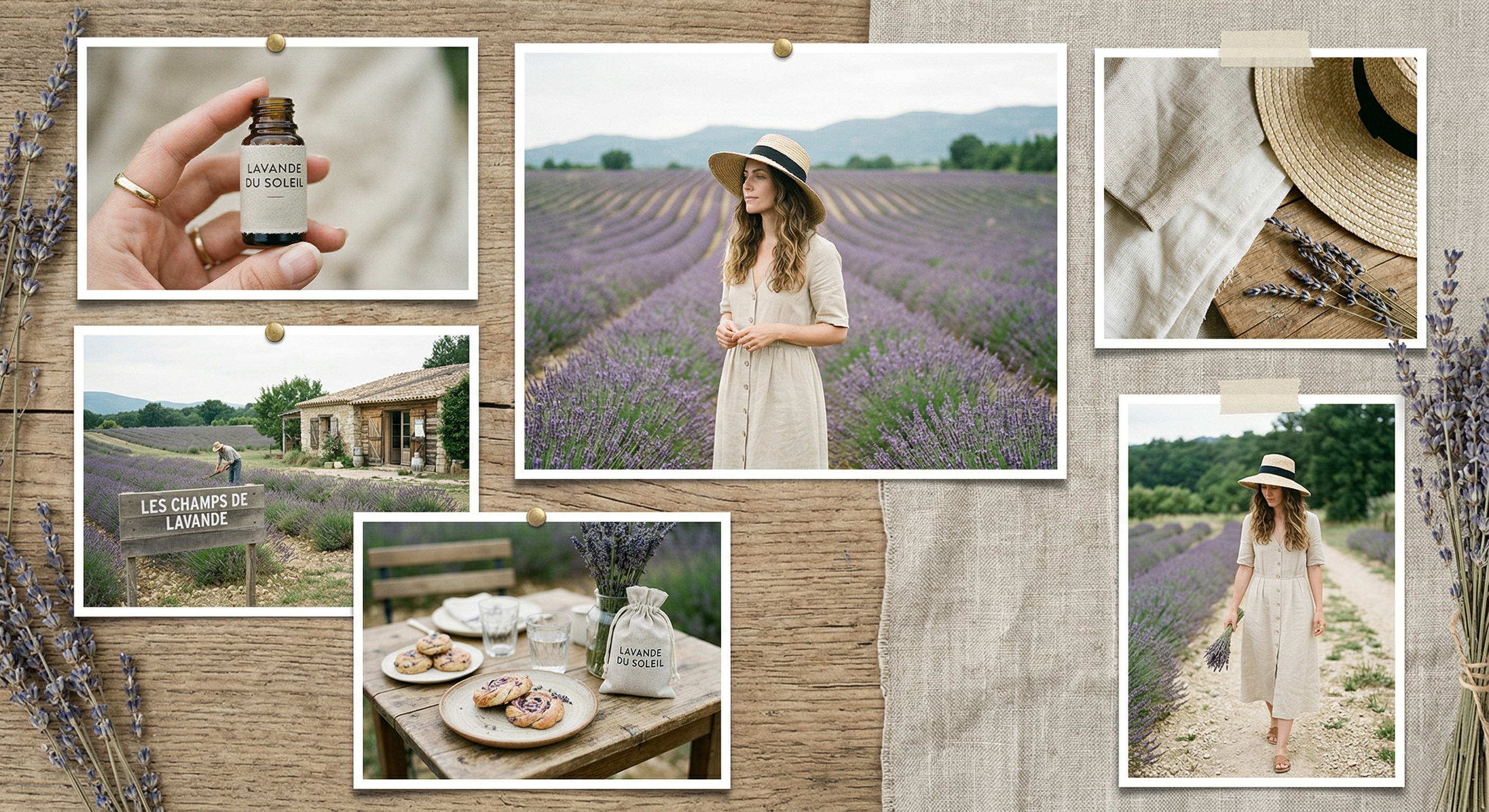 Photography collage featuring lavender essential oil, a field photoshoot, and a picnic in Provence