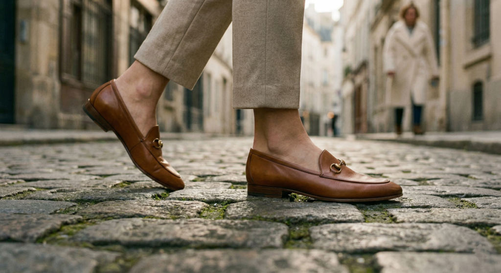 Close-up of a French woman walking on cobblestones wearing classic brown leather loafers and beige trousers.