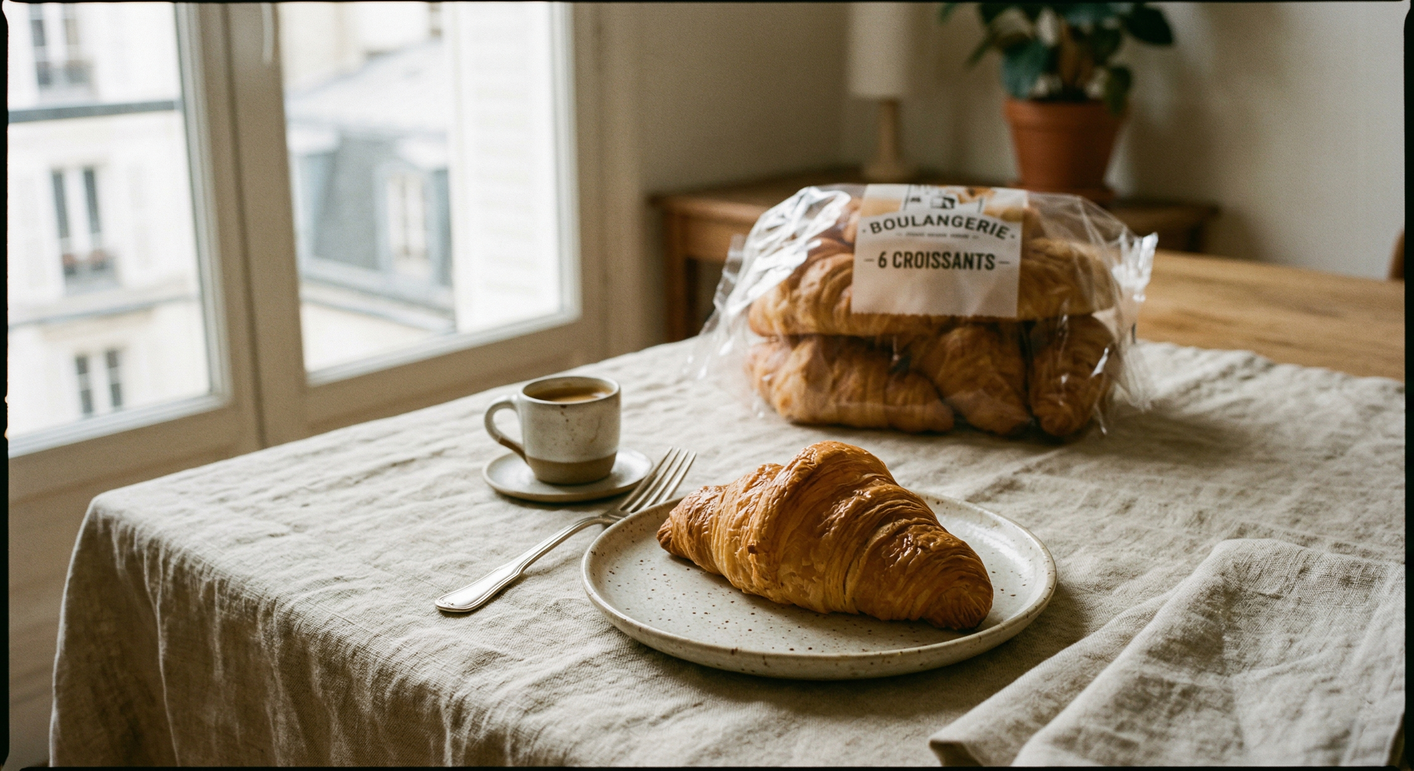 Artisanal croissant served on a ceramic plate at home with a package of six bakery-style croissants in the background