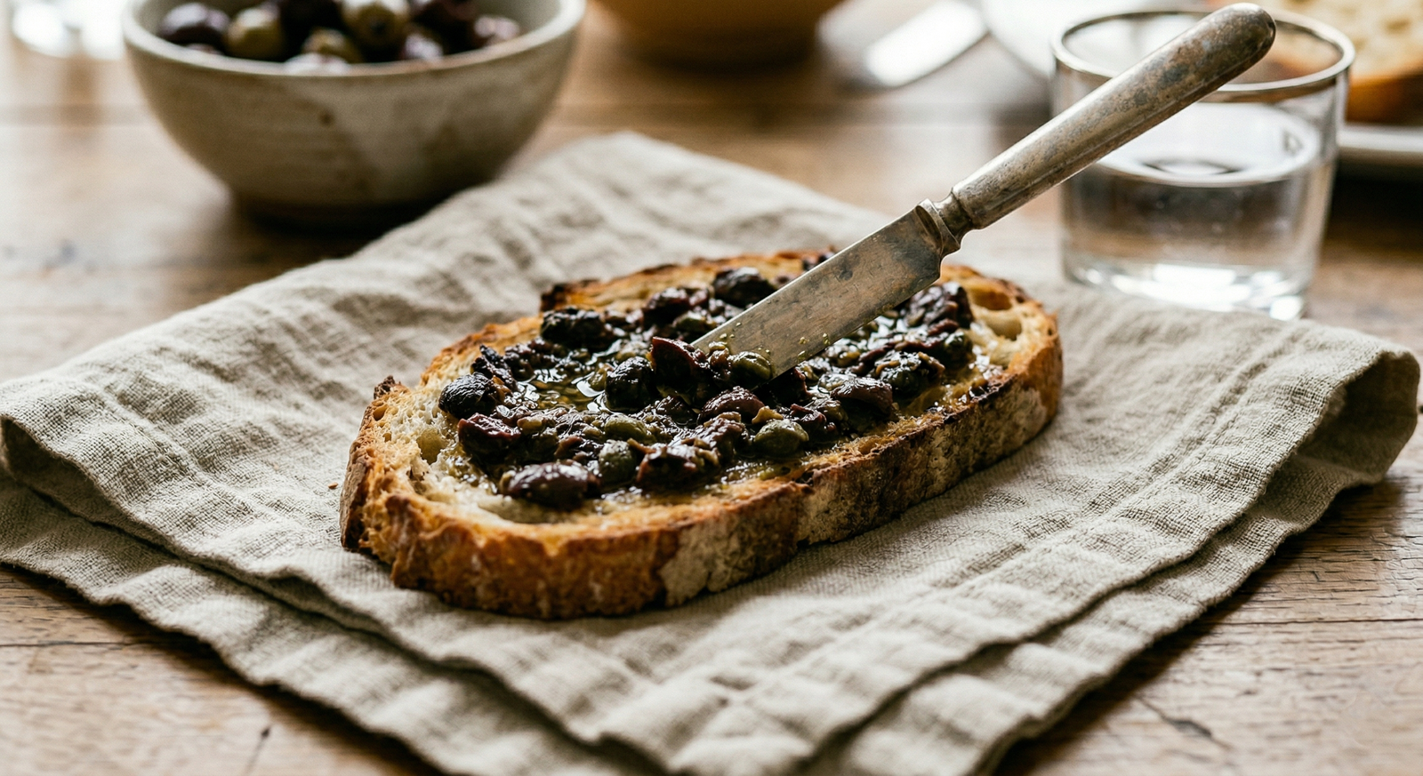 Spreading homemade black olive tapenade onto a toasted slice of sourdough bread on a rustic wooden table