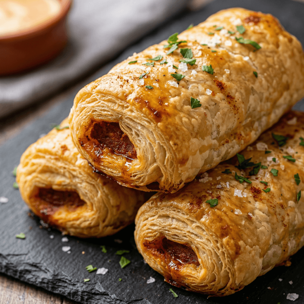 A stack of three golden, flaky chorizo puff pastry rolls garnished with fresh parsley and sea salt on a black slate board