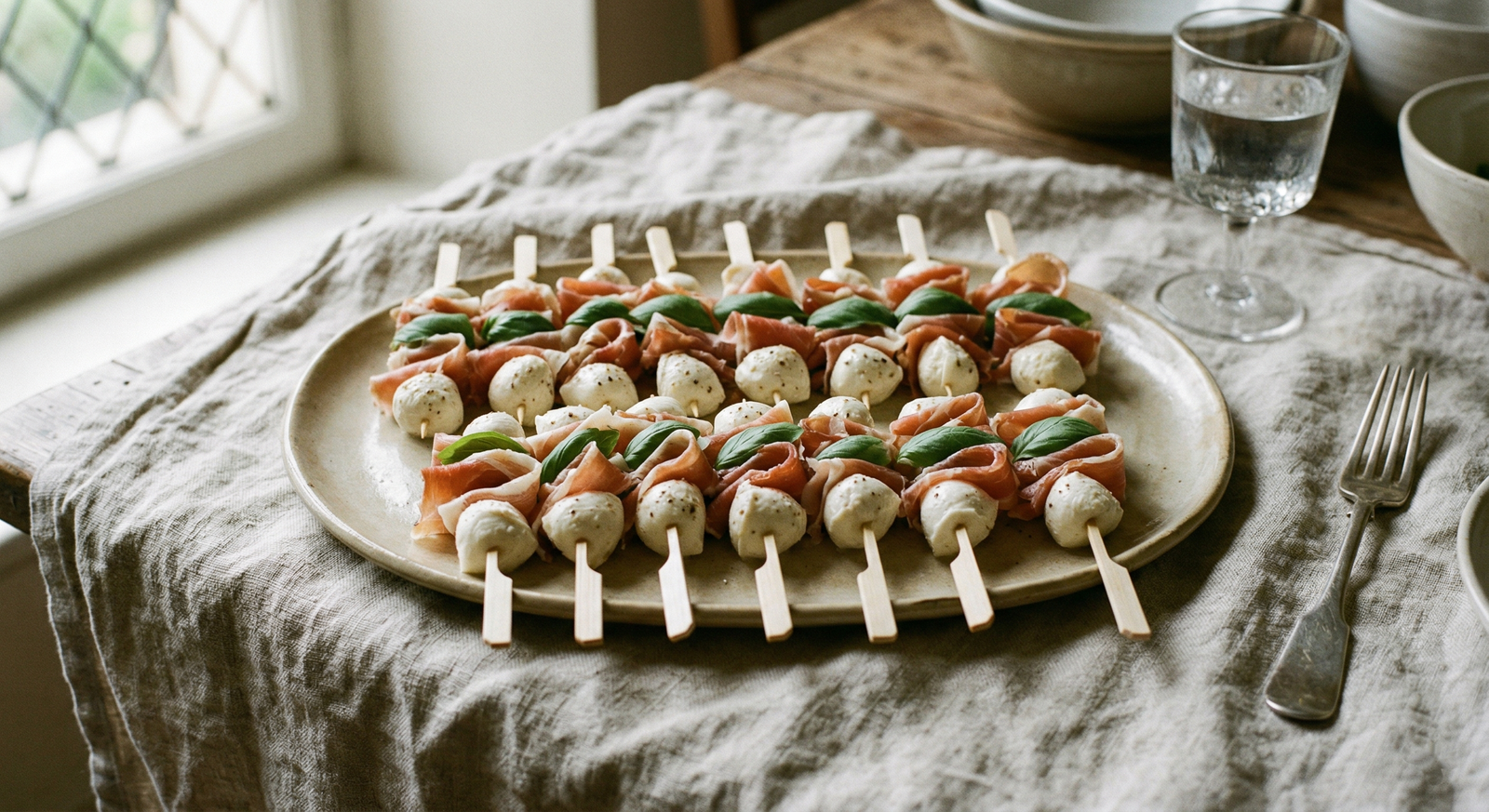 A platter of party skewers featuring mini mozzarella balls, folded prosciutto ham, and fresh basil leaves
