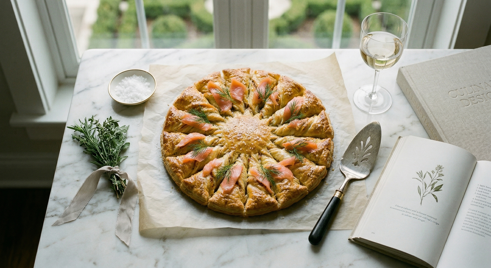 A golden puff pastry tarte soleil topped with smoked salmon and fresh dill, served on a marble table next to a glass of white wine