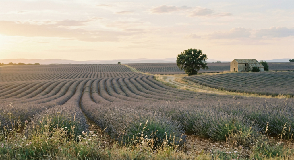 Endless purple lavender rows at sunset on the Valensole Plateau with a traditional stone farmhouse
