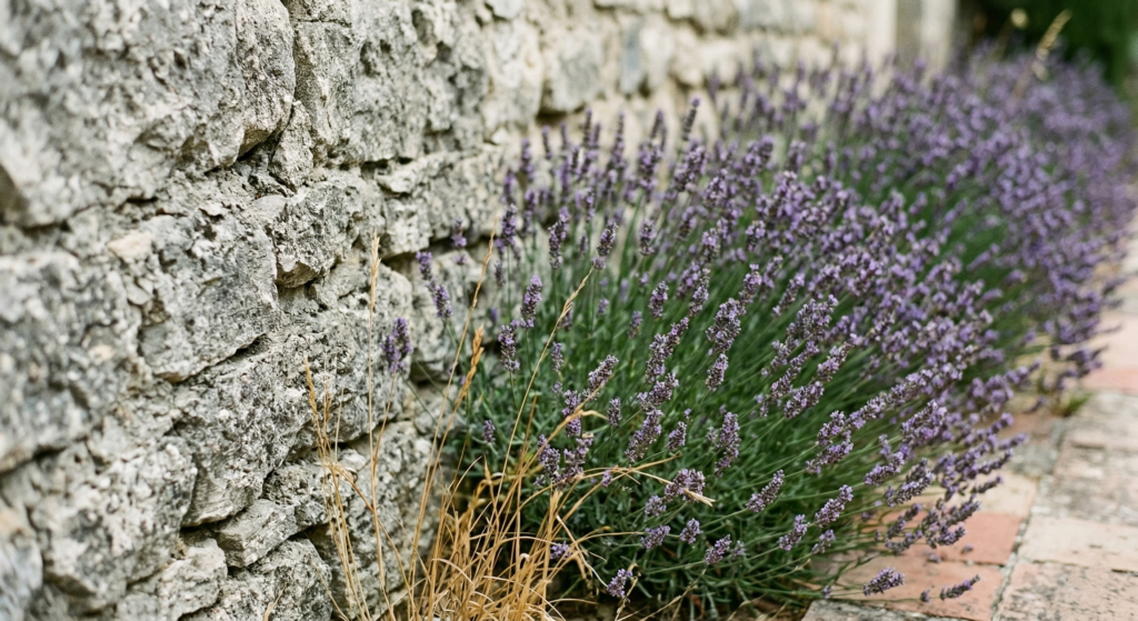 Lavender bushes blooming alongside a traditional dry stone wall in the Luberon Valley