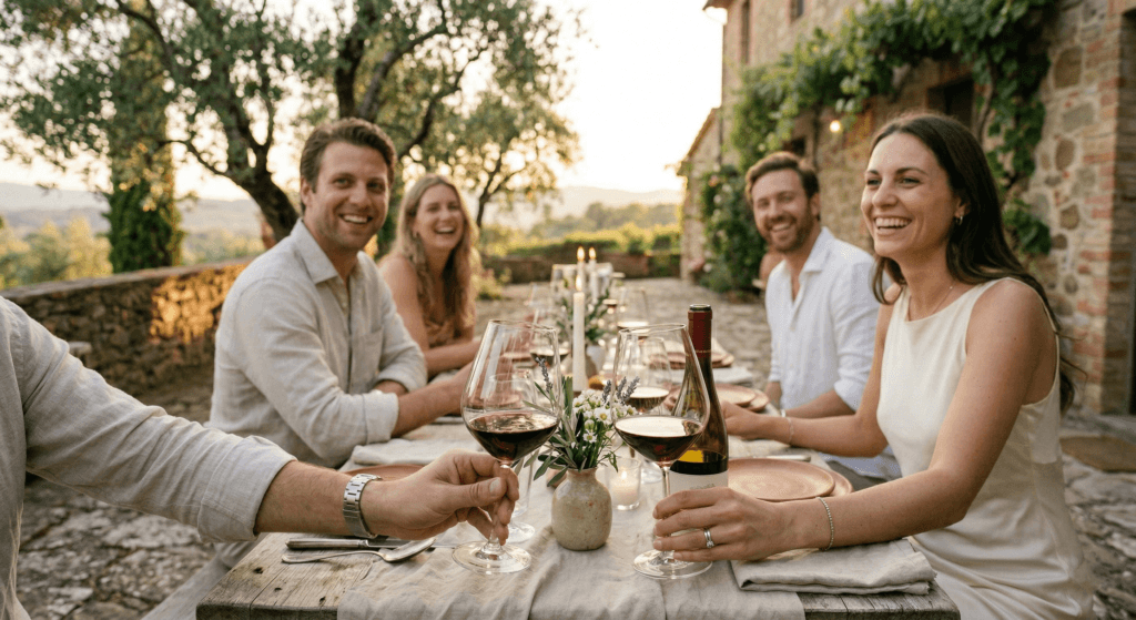 A group of friends laughing and clinking red wine glasses during a rustic outdoor dinner at sunset in a French vineyard setting