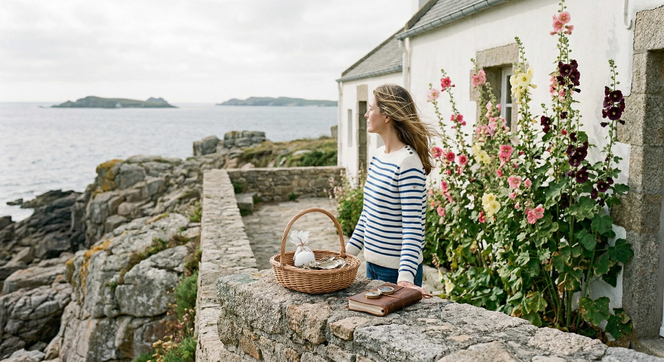 Woman in a striped shirt by an Atlantic house on the French islands with a basket of oysters and hollyhocks