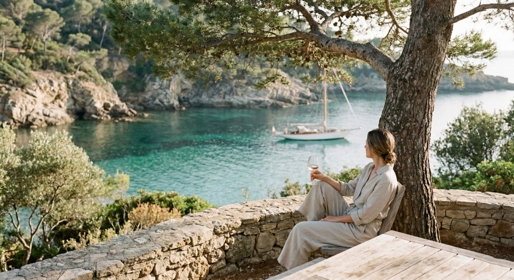 Rosé wine tasting under a pine tree in the French islands of the Mediterranean facing a sailboat in a turquoise cove