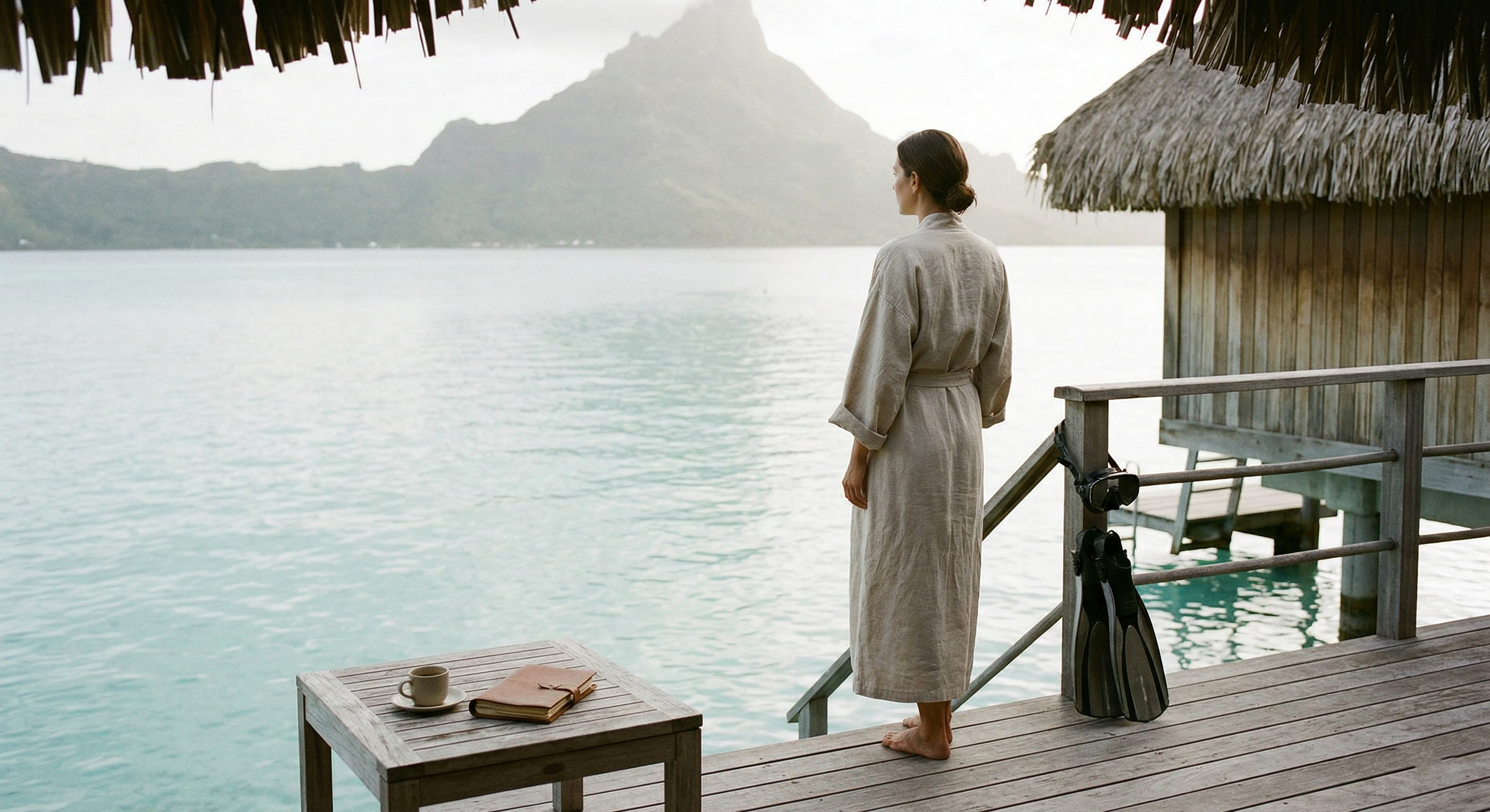 Overwater bungalow in the French islands of Polynesia showing a woman facing Mount Otemanu with snorkeling gear