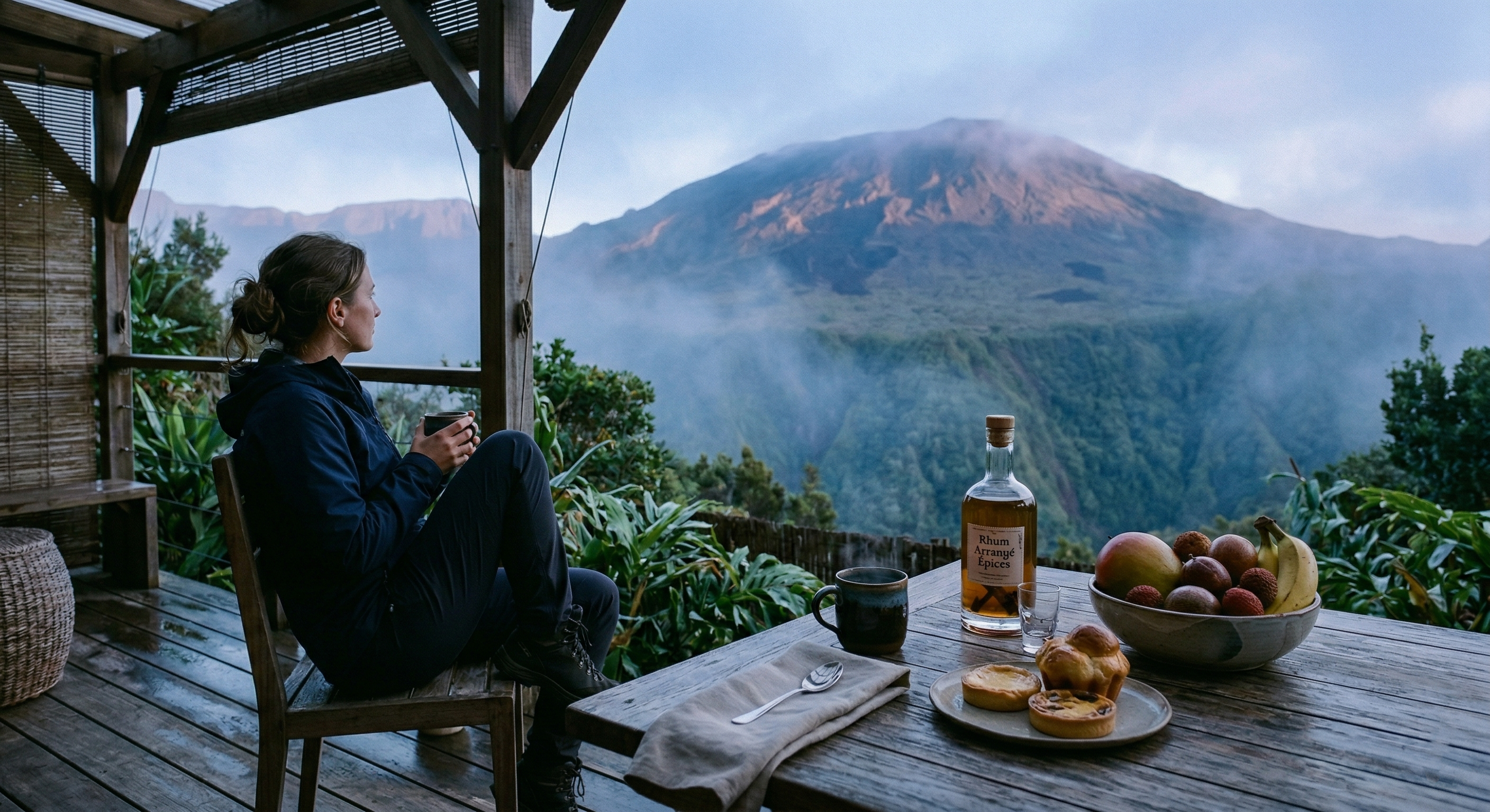 Woman on a terrace in the French islands of Reunion facing the Piton de la Fournaise with Spiced Rum and tropical fruits