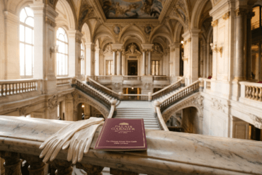 Palais Garnier private tour guide booklet and white evening gloves resting on a marble balcony overlooking the staircase.