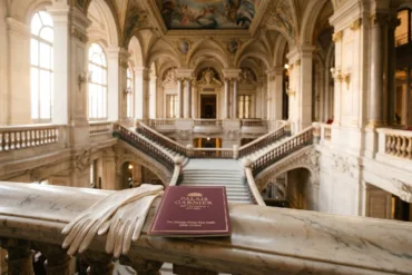 Palais Garnier private tour guide booklet and white evening gloves resting on a marble balcony overlooking the staircase.