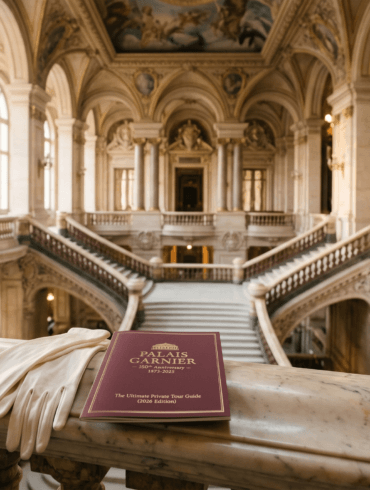 Palais Garnier private tour guide booklet and white evening gloves resting on a marble balcony overlooking the staircase.