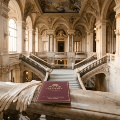 Palais Garnier private tour guide booklet and white evening gloves resting on a marble balcony overlooking the staircase.