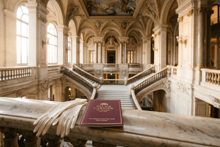 Palais Garnier private tour guide booklet and white evening gloves resting on a marble balcony overlooking the staircase.