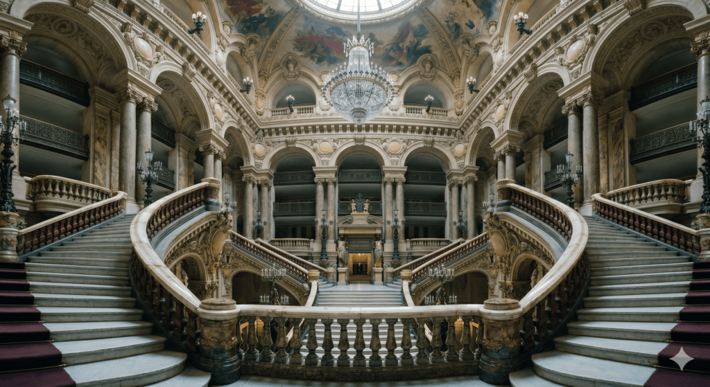 Symmetrical view of the ornate Grand Staircase at the Palais Garnier with its marble steps and majestic chandelier.
