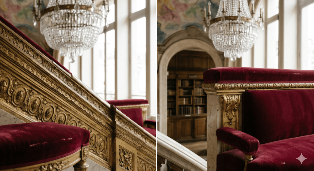 Detailed view of red velvet seating and intricate golden carvings within the Palais Garnier.