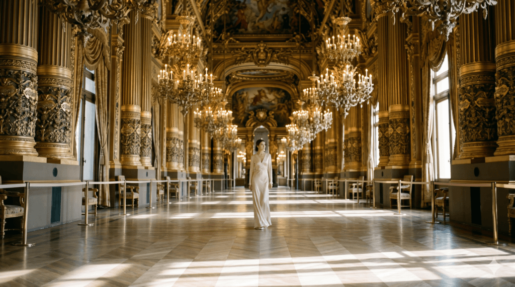 A woman in an elegant evening dress walking through the opulent, golden Grand Foyer of the Palais Garnier.