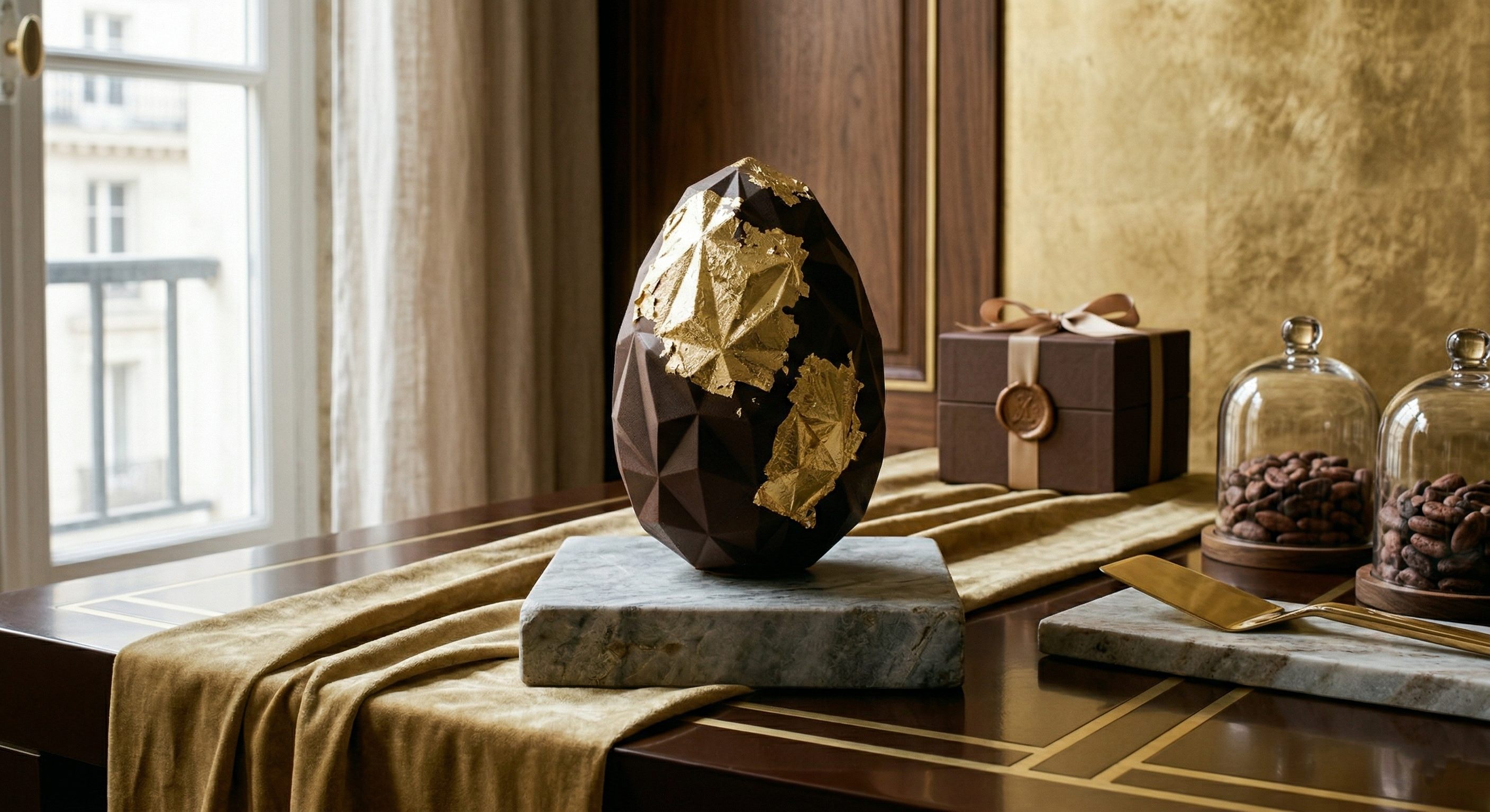 A luxury geometric dark chocolate Easter egg adorned with gold leaf on a marble pedestal.