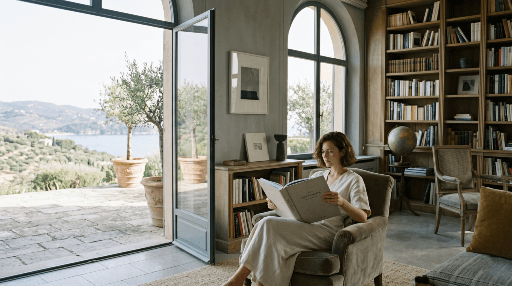 Woman reading a book in a luxury villa library overlooking the Mediterranean coast, evoking a White Lotus cinematic travel experience