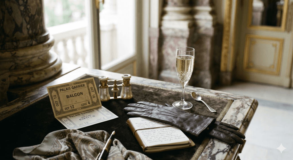 Vintage Palais Garnier balcony ticket, opera glasses, and a glass of champagne on a marble table.