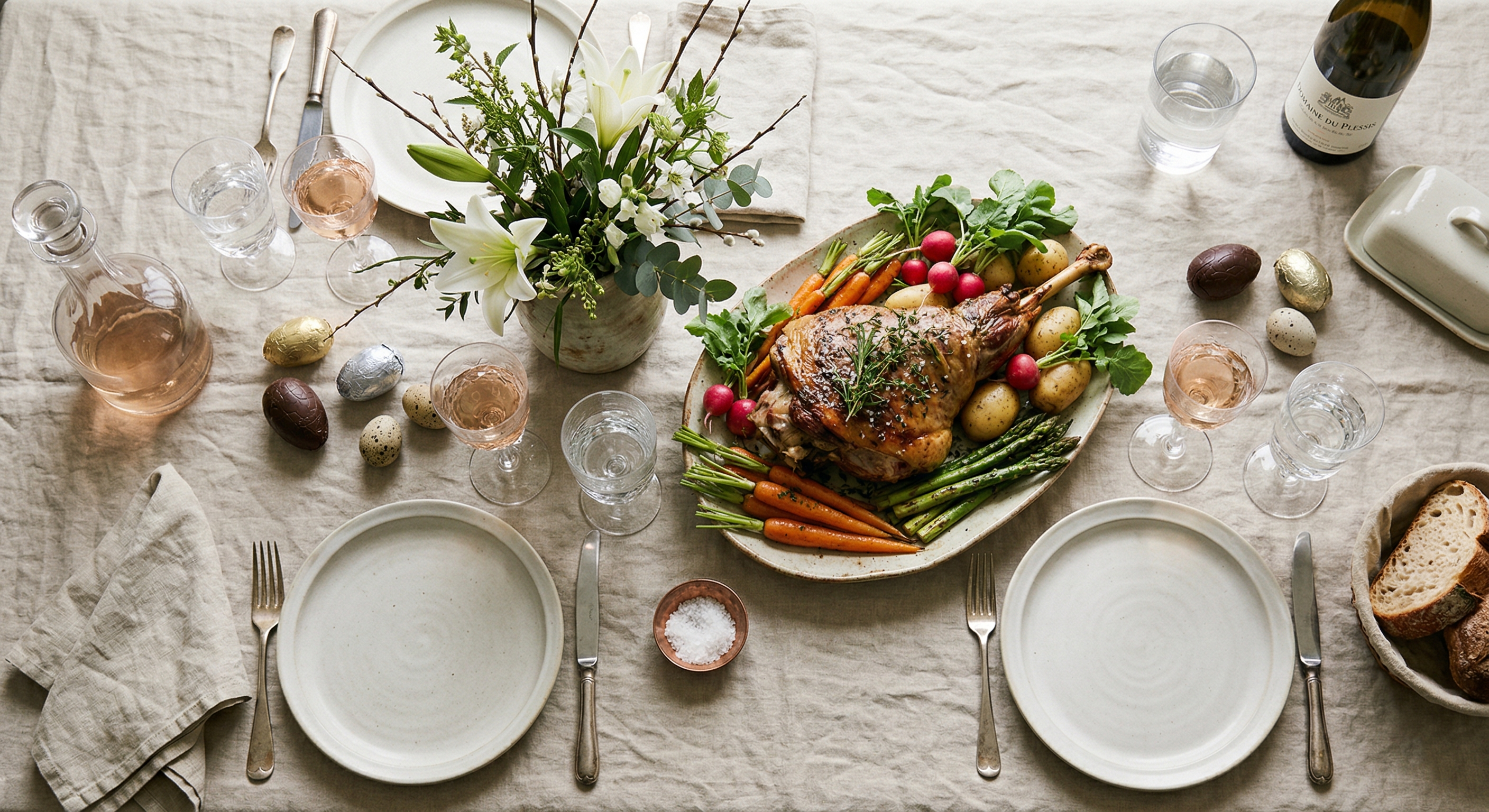 A traditional French Easter feast with roasted leg of lamb, spring vegetables, and decorative chocolate eggs on a linen tablecloth.