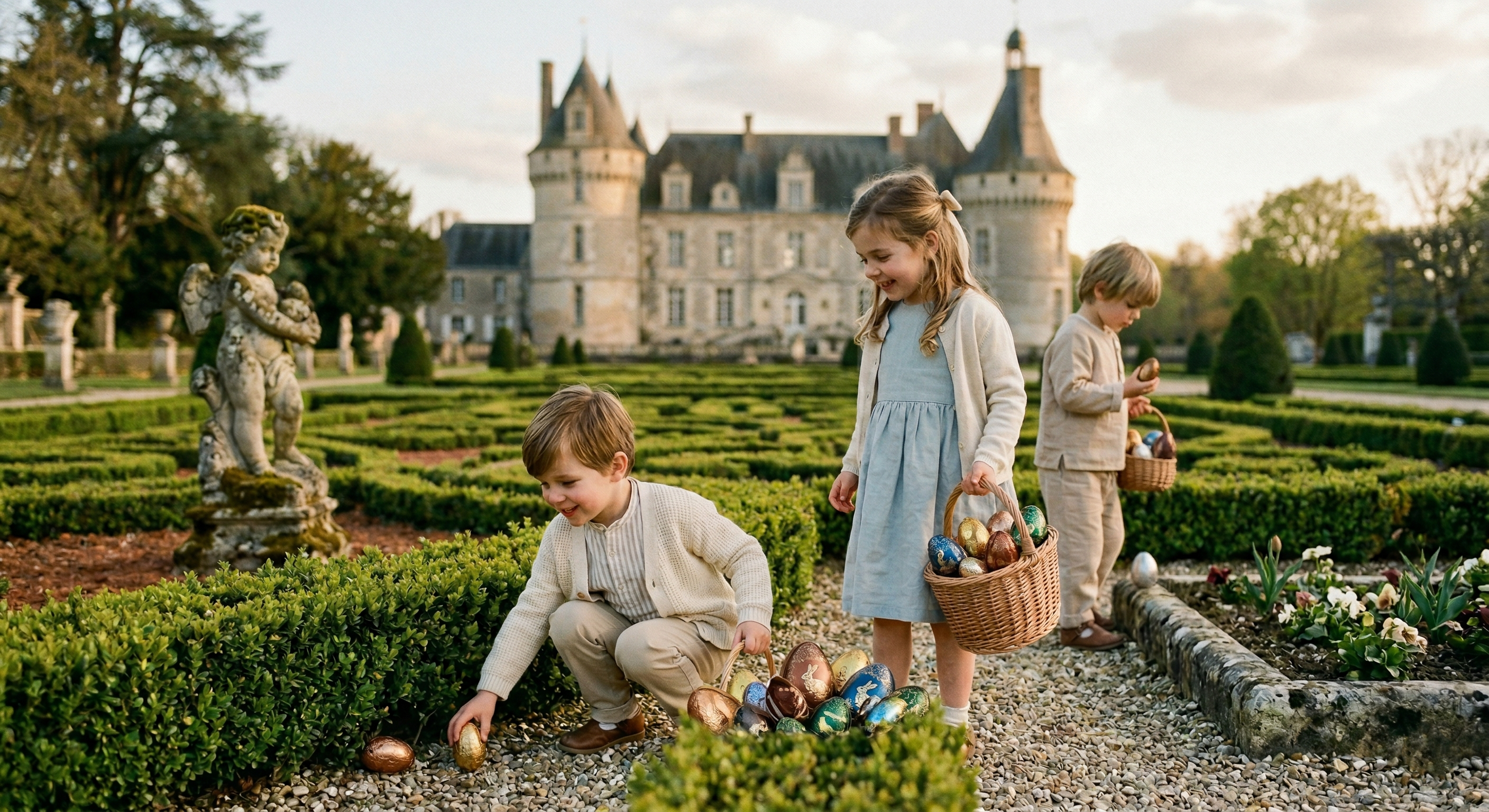 Children collecting chocolate eggs in baskets during an Easter egg hunt in the formal gardens of a French chateau.