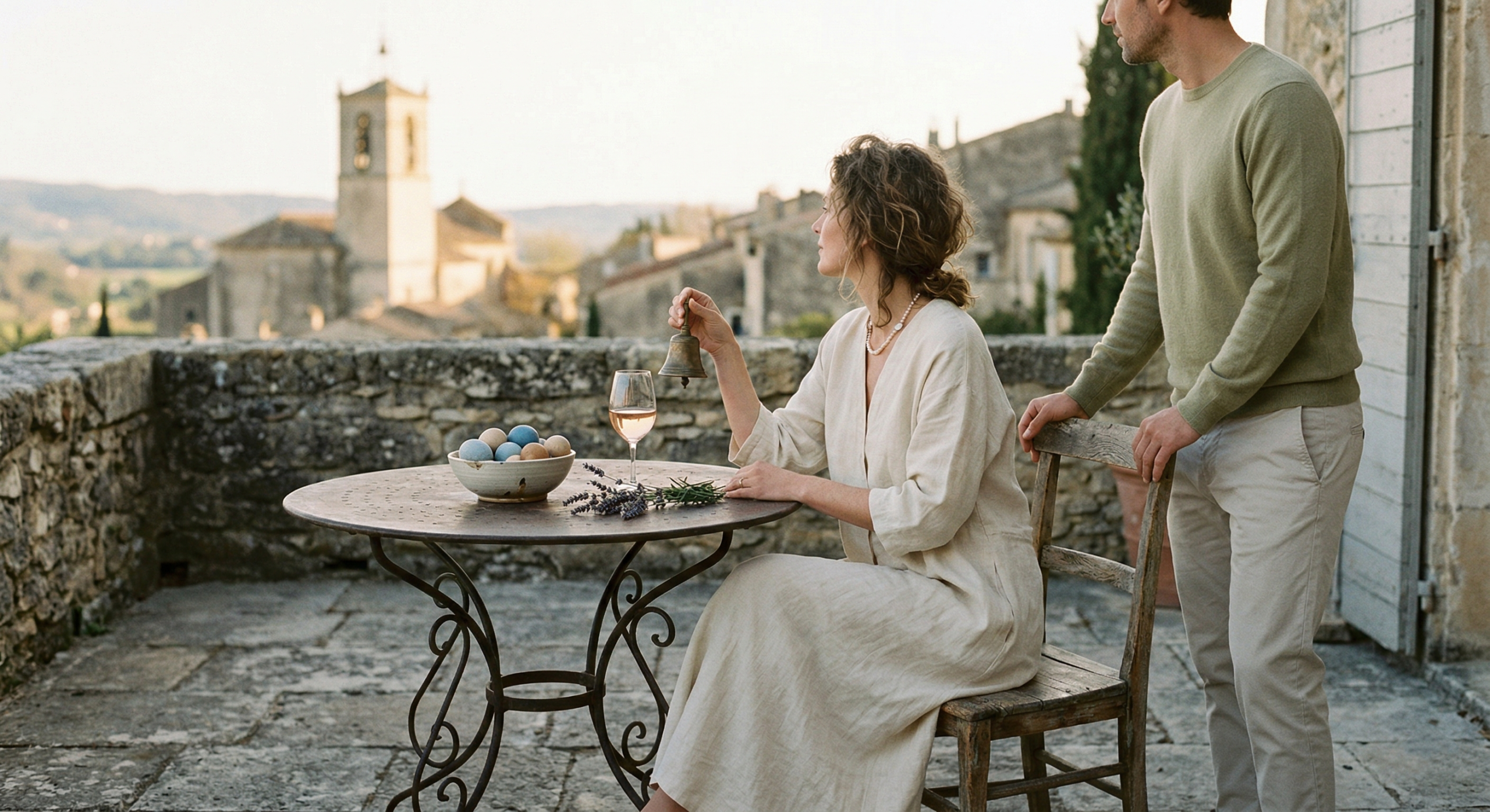 A woman holding a handbell on a terrace overlooking a French village, representing the legend of the Flying Bells.