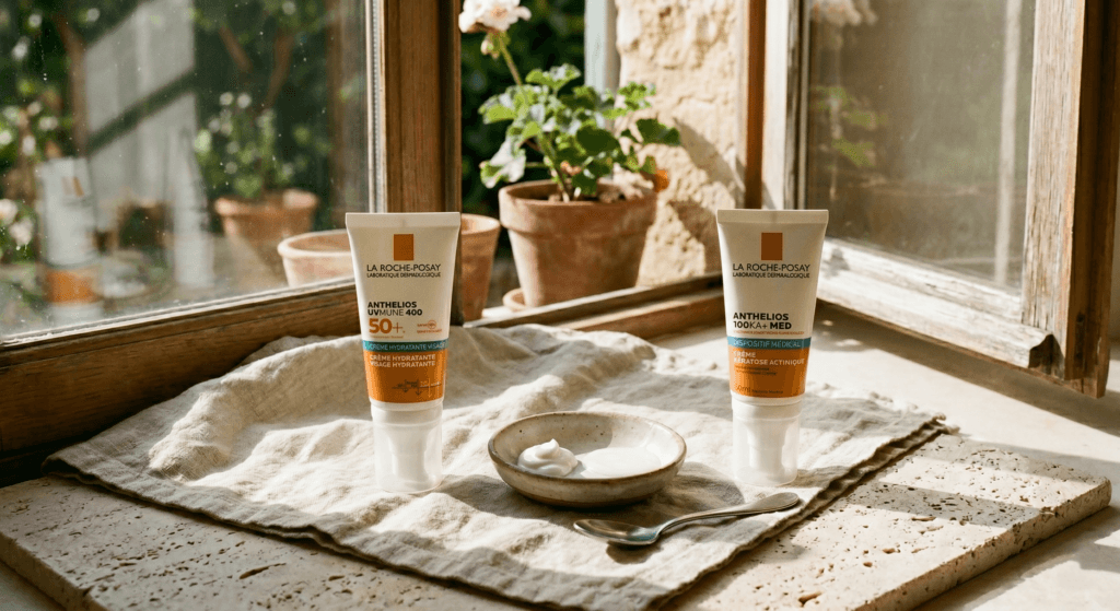 La Roche-Posay Anthelios UVMune 400 and 100KA+ MED sunscreen tubes on a rustic windowsill