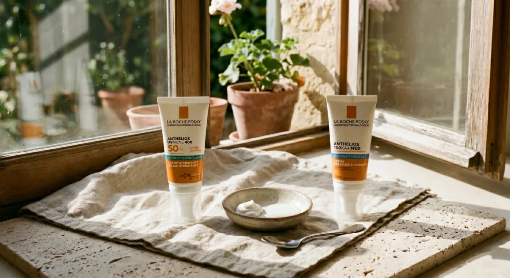 La Roche-Posay Anthelios UVMune 400 and 100KA+ MED sunscreen tubes on a rustic windowsill