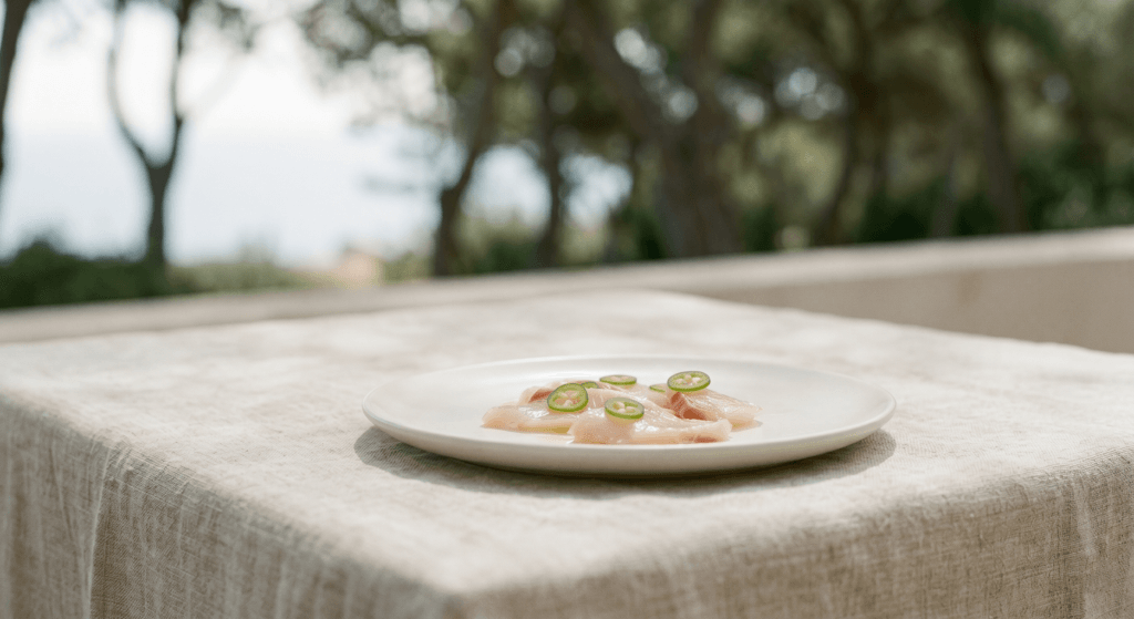 Signature yellowtail jalapeño sashimi on a minimalist plate at Matsuhisa restaurant