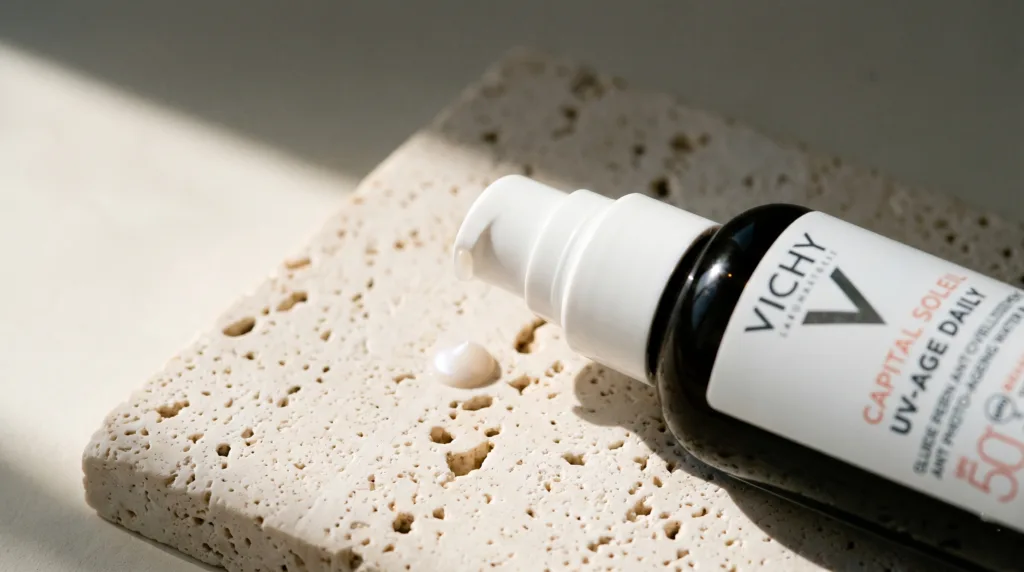 Vichy Capital Soleil UV-Age Daily SPF 50+ sunscreen bottle with a drop of product on a stone surface