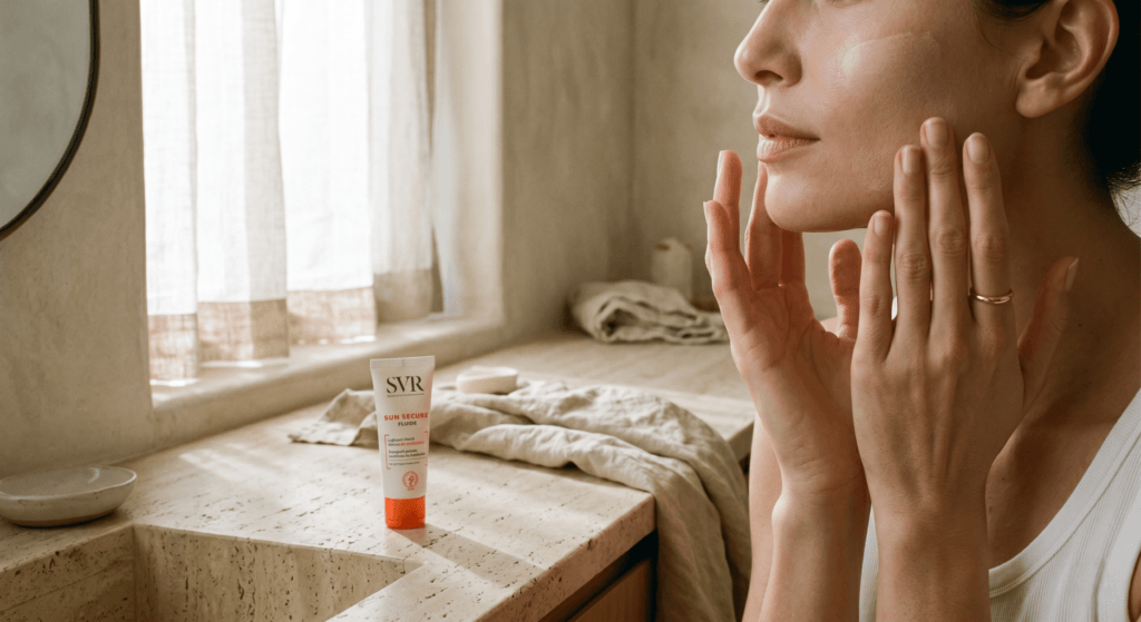 Applying SVR Sun Secure Fluide sunscreen to the face for a matte finish next to the product tube