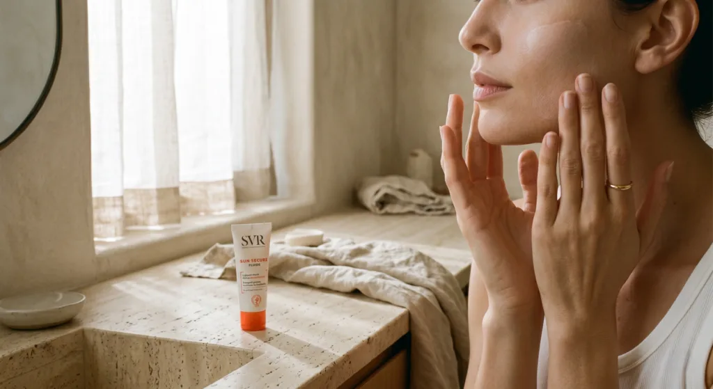 Applying SVR Sun Secure Fluide sunscreen to the face for a matte finish next to the product tube