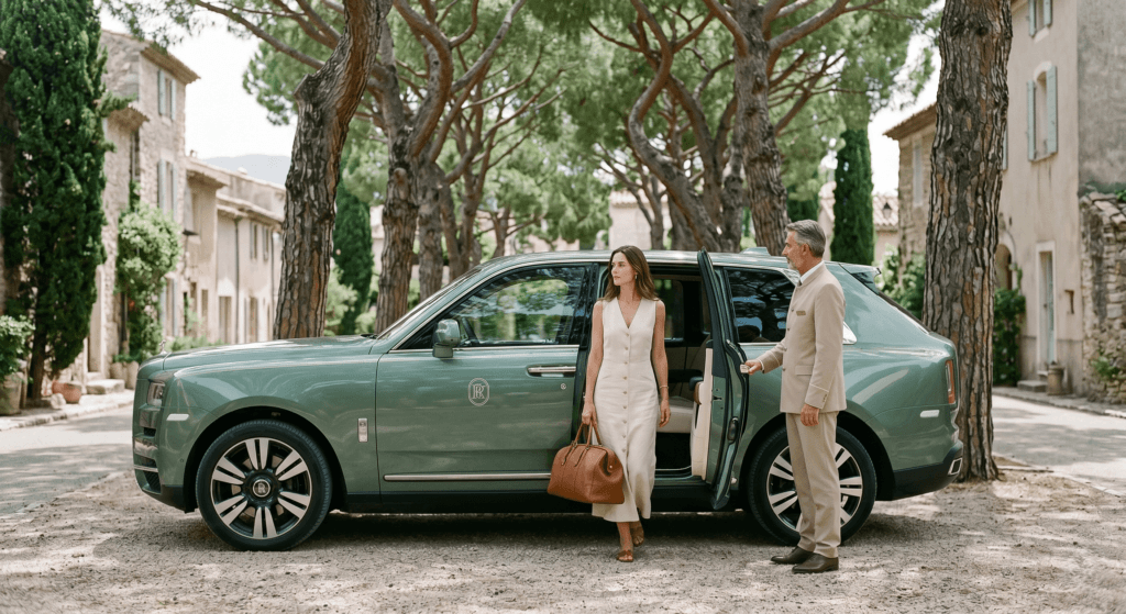 Woman arriving at a luxury estate in a sage green Rolls-Royce Cullinan with a personal chauffeur