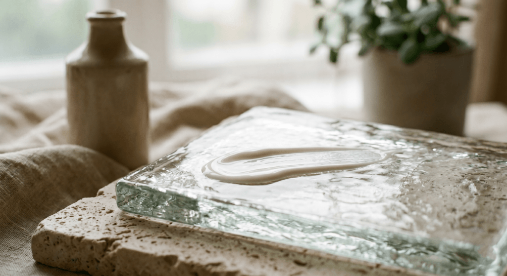 Close-up texture of La Roche-Posay Anthelios UVMune 400 sunscreen fluid on a decorative glass slab