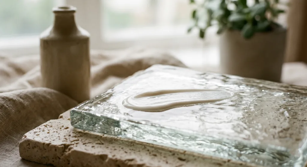 Close-up texture of La Roche-Posay Anthelios UVMune 400 sunscreen fluid on a decorative glass slab