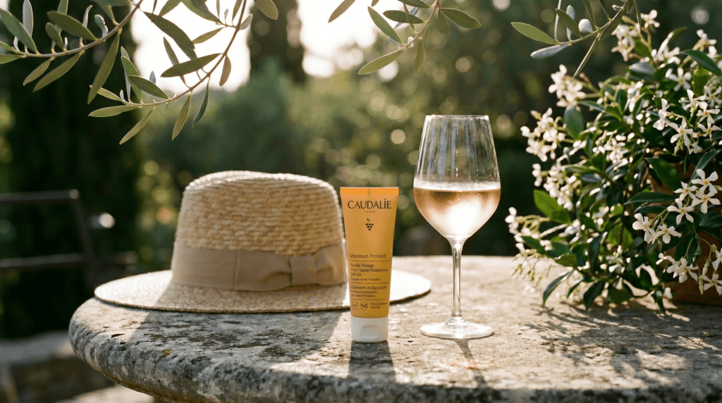 Caudalie Vinosun Protect sunscreen on a stone table with a glass of rosé and a sun hat in a French garden