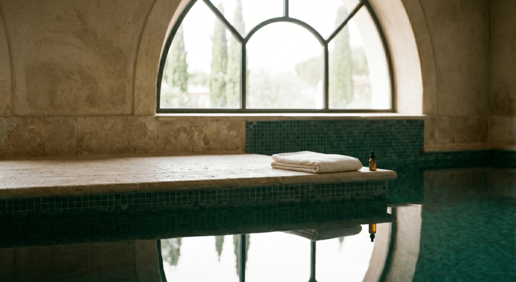 Valmont skincare bottle on the edge of a luxury mosaic spa pool overlooking cypress trees