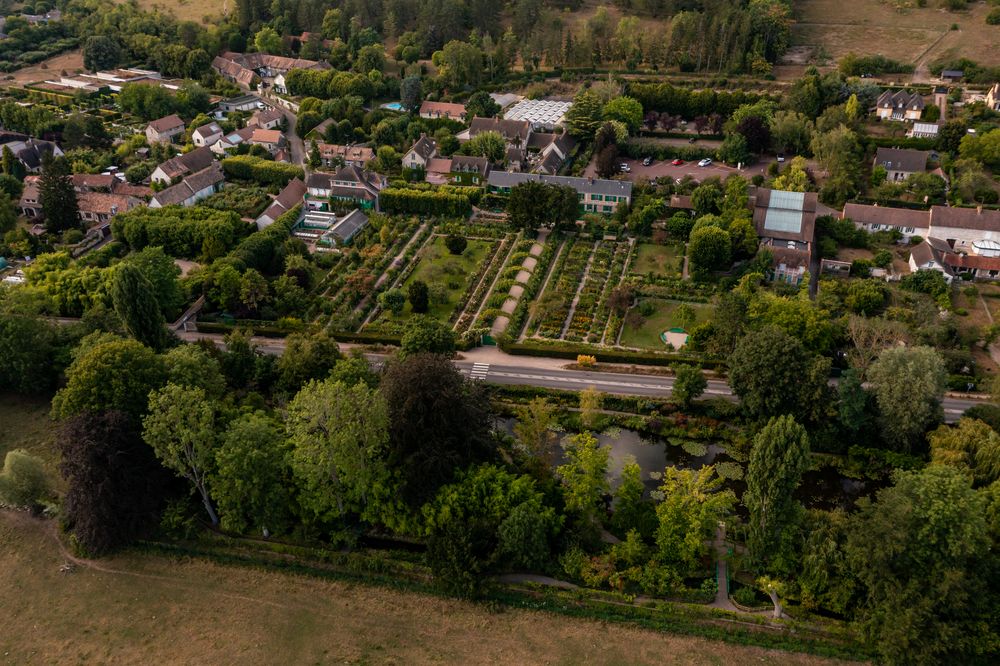 Aerial view of Claude Monet's estate in Giverny showing the layout of the flower gardens and the water lily pond