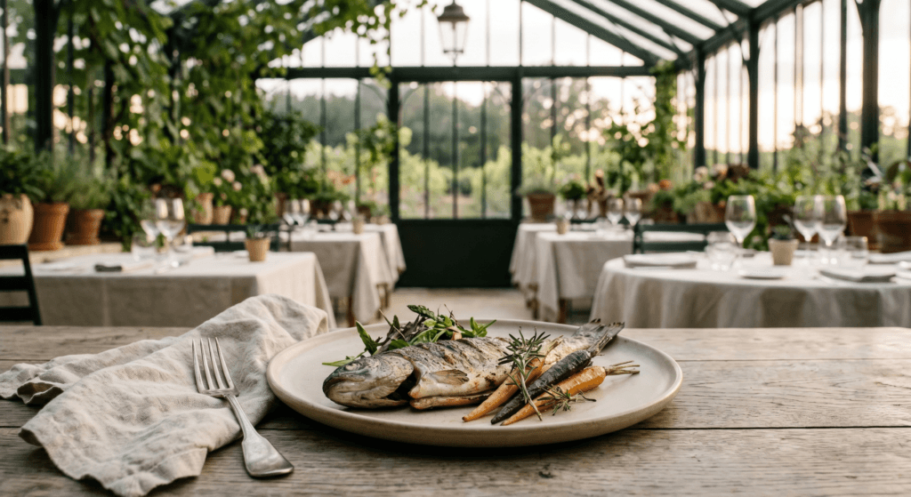 Gourmet grilled fish dish served at a two-Michelin-star restaurant in a sunlit greenhouse.