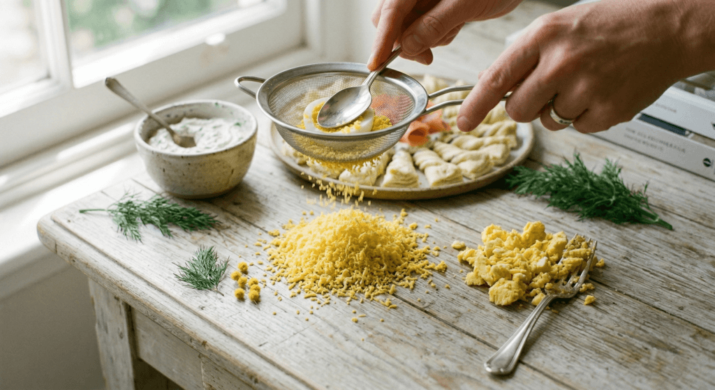 Sifting hard-boiled egg yolks through a fine mesh strainer to create a fluffy mimosa garnish